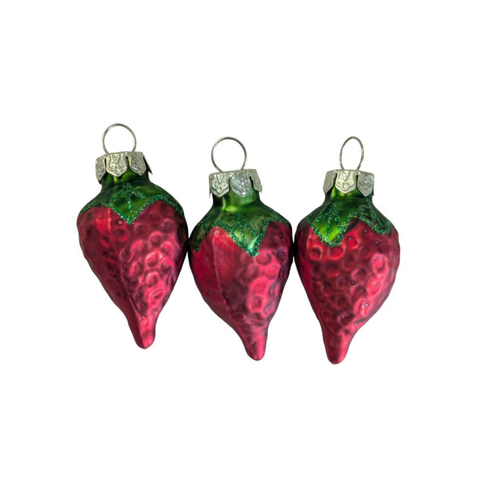 Vintage Mini Strawberry Christmas Ornaments Set of 3 Glass Fruit Glitter
